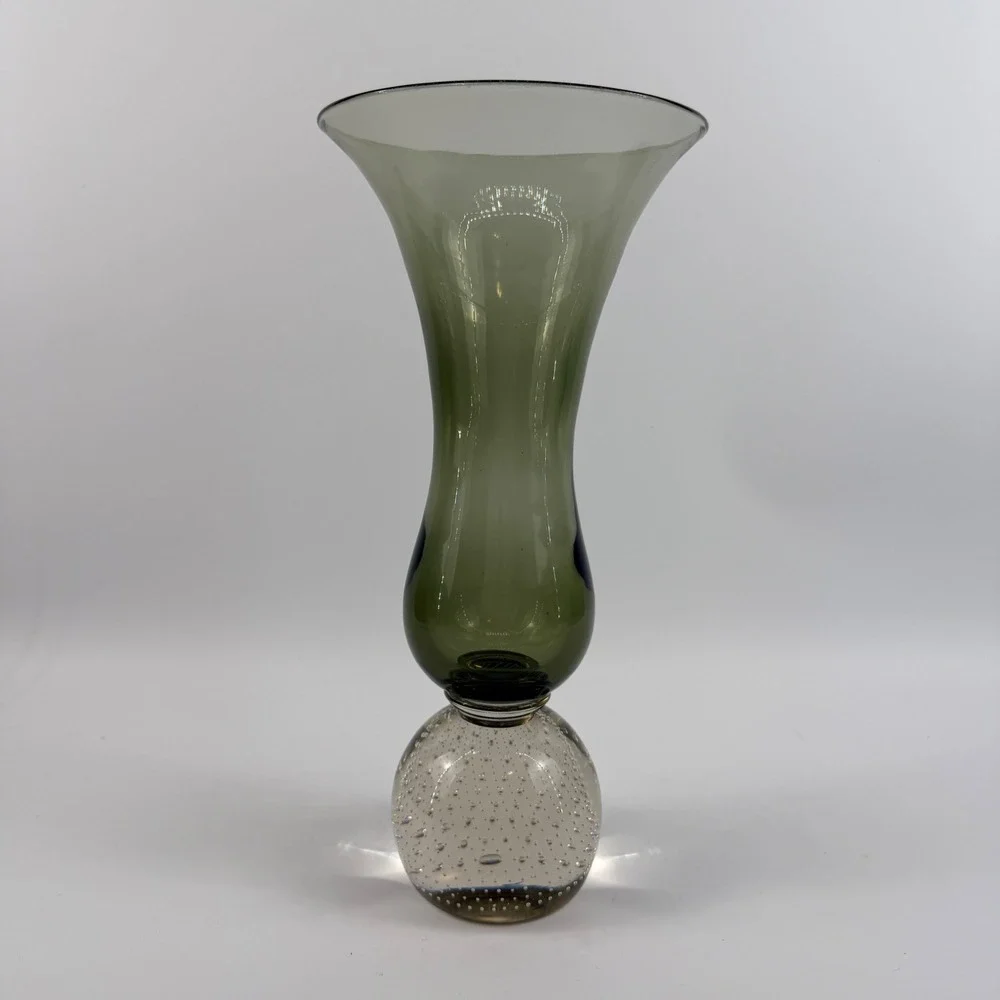 Carl Erickson Art Glass Olive Green Vase Bullicante Bubble Foot